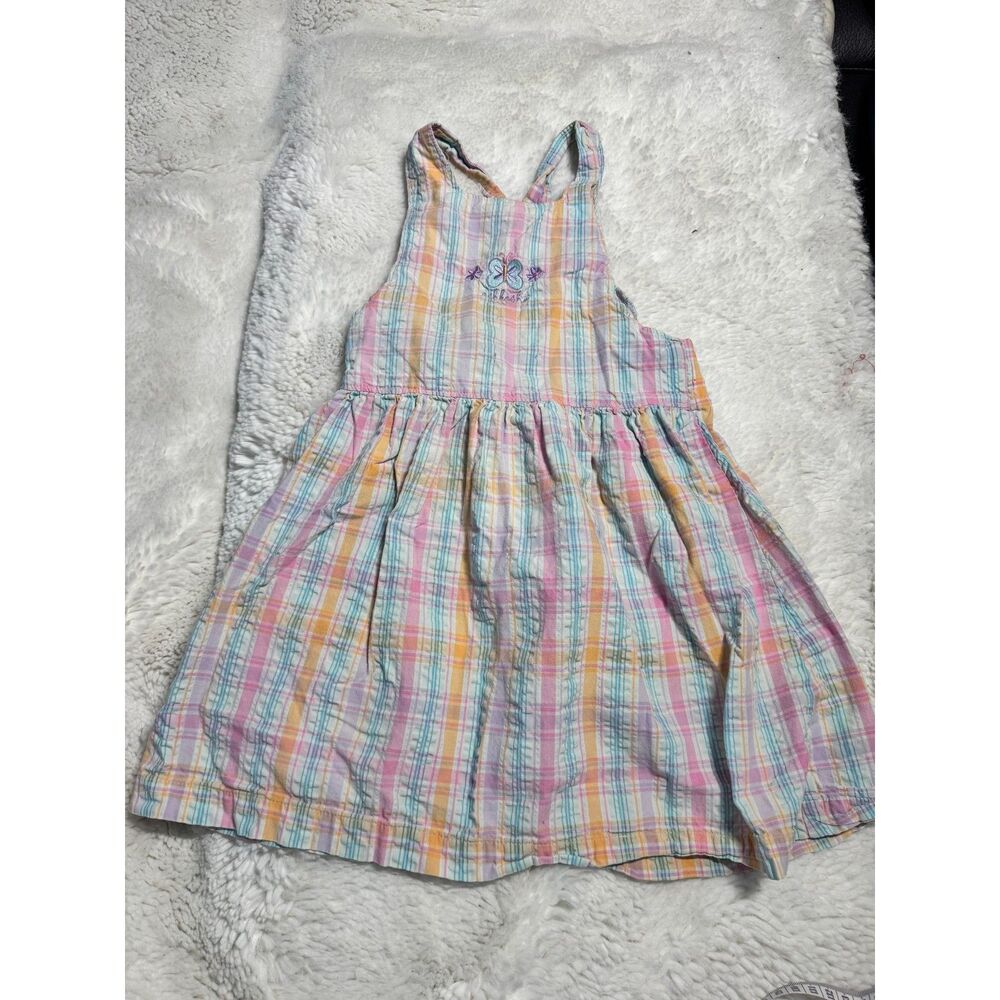 Vintage OshKosh B’gosh Girls Plaid Dress Size 4 Pastel Rainbow Cotton Sundress